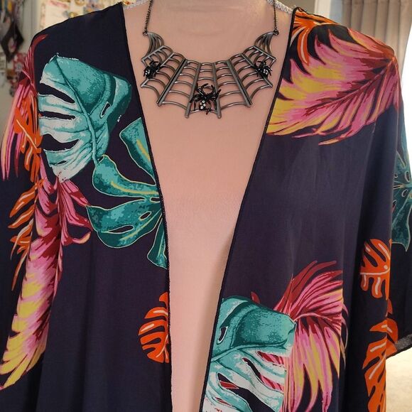 I Joah Black Tropical Open Front Short Sleeve Swim Kimono Cover Up Large NEW - Picture 6 of 12